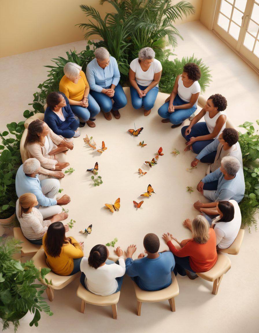 A diverse group of individuals of various ages and backgrounds, sitting in a circle with warm smiles and supportive body language, conveying trust and connection. A soft, inviting room filled with plants and comforting light, emphasizing a sense of community and healing. Include subtle symbols of resilience, like a ribbon or butterfly, in the background. calming atmosphere. vibrant colors. 3D.