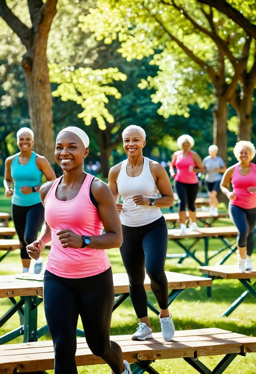 A serene scene depicting a diverse group of cancer survivors engaging in various fitness activities in a sunlit park, with an emphasis on healthy meals displayed on picnic tables nearby. Include vibrant greenery, smiling faces, and elements of strength and community support, capturing the essence of resilience and hope. super-realistic. vibrant colors. soft focus.